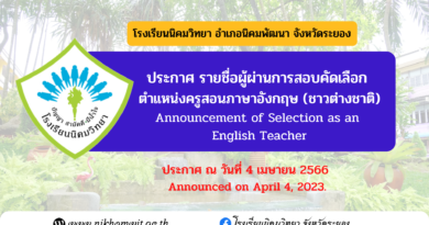 ประกาศ รายชื่อผู้ผ่านการสอบคัดเลือก ตำแหน่งครูสอนภาษาอังกฤษ(ชาวต่างชาติ) Announcement of Selection as an English Teacher