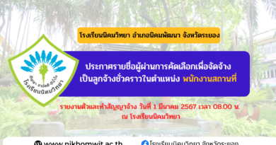 ประกาศรายชื่อผู้ผ่านการคัดเลือกเพื่อจัดจ้างเป็นลูกจ้างชั่วคราวในตำแหน่ง พนักงานสถานที่