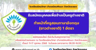 ประกาศโรงเรียนนิคมวิทยา รับสมัครบุคคลเพื่อจ้างเป็นครูต่างชาติ ทำหน้าที่ครูสอนภาษาอังกฤษ(ชาวต่างชาติ) 1 อัตรา
