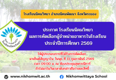 ประกาศ ผลการคัดเลือกผู้จำหน่ายอาหารในโรงเรียนประจำปีการศึกษา 2569