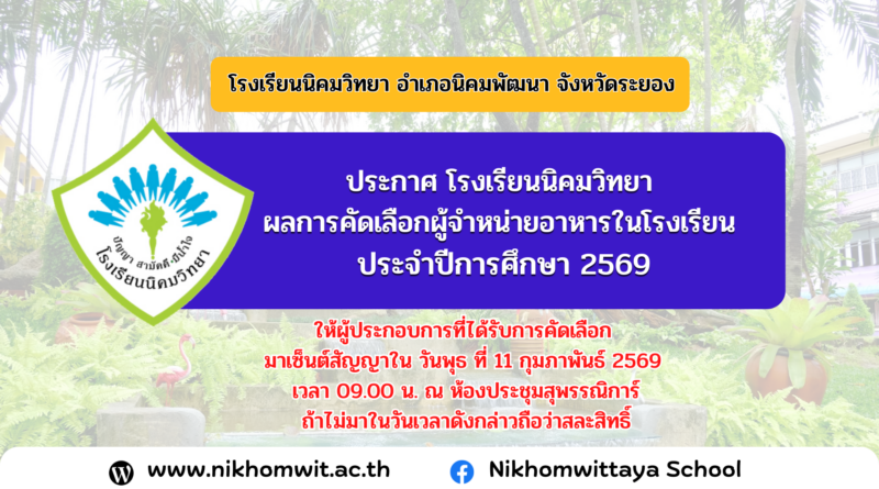 ประกาศ ผลการคัดเลือกผู้จำหน่ายอาหารในโรงเรียนประจำปีการศึกษา 2569