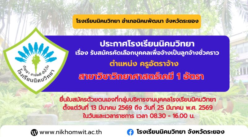 ประกาศโรงเรียนนิคมวิทยา เรื่อง รับสมัครคัดเลือกบุคคลเพื่อจ้างเป็นลูกจ้างชั่วคราว ตำแหน่ง ครูอัตราจ้าง จำนวน 1 อัตรา