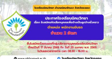 ประกาศโรงเรียนนิคมวิทยา เรื่อง รับสมัครคัดเลือกบุคคลเพื่อจ้างเป็นลูกจ้างชั่วคราวปฏิบัติหน้าที่ พนักงานขับรถ