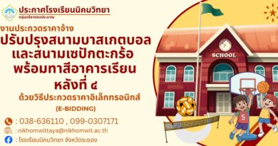 ประกาศโรงเรียนนิคมวิทยาเรื่องงานประกวดราคาจ้างปรับปรุงสนามบาสเกตบอลและสนามเซปักตะกร้อพร้อมทาสีอาคารเรียน หลังที่ ๔ ด้วยวิธีประกวดราคาอิเล็กทรอนิกส์ (E-BIDDING)