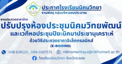 ประกาศโรงเรียนนิคมวิทยา เรื่องงานประกวดราคาจ้างปรับปรุงห้องประชุมนิคมวิทยพัฒน์และเวทีหอประชุมปิยะนิคมาประชานุเคราะห์ด้วยวิธีประกวดราคาอิเล็กทรอนิกส์ (E-BIDDING)