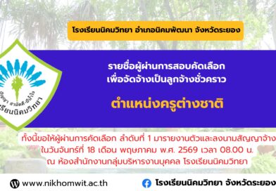 Nikhomwittaya School AnnouncementAnnouncement of Successful Candidates for the Recruitment of Temporary Employees in the Position of Foreign Teacher