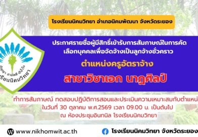 ประกาศรายชื่อผู้มีสิทธิ์เข้ารับการคัดเลือกเพื่อจัดจ้าง ตำแหน่งครูอัตราจ้าง สาขาวิชาเอก นาฏศิลป์