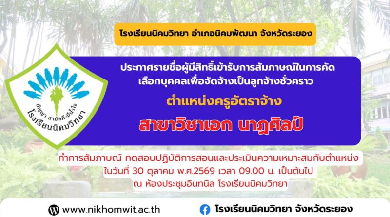 ประกาศรายชื่อผู้มีสิทธิ์เข้ารับการคัดเลือกเพื่อจัดจ้าง ตำแหน่งครูอัตราจ้าง สาขาวิชาเอก นาฏศิลป์