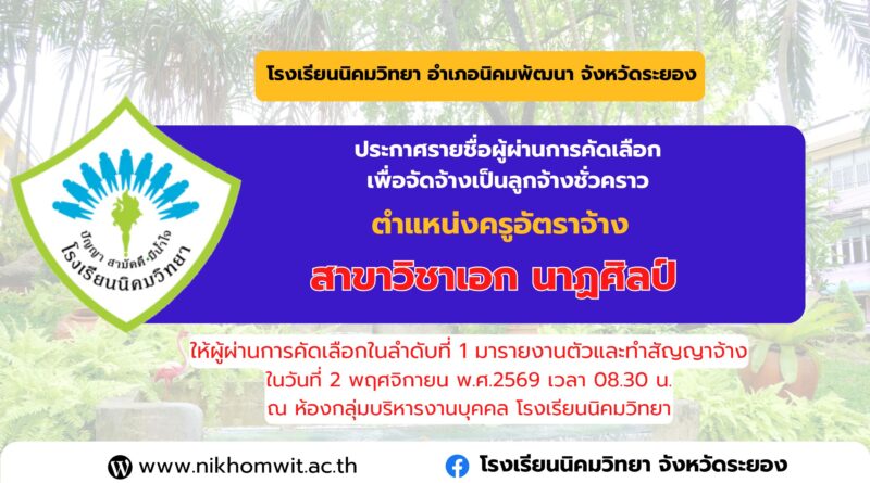ประกาศรายชื่อผู้ผ่านการคัดเลือกเพื่อจัดจ้างเป็นลูกจ้างชั่วคราวในตำแหน่ง ครูอัตราจ้าง